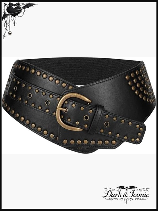 Vintage Wide Elastic Studded Stretch Waist Belt with Metal Buckle